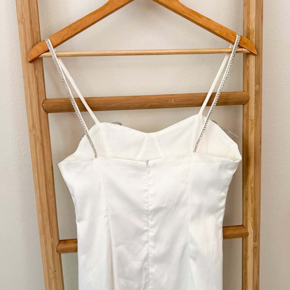 NWT Collective The Label White Satin Mini Dress XS Rhinestone Bow Bridal - Picture 8 of 12